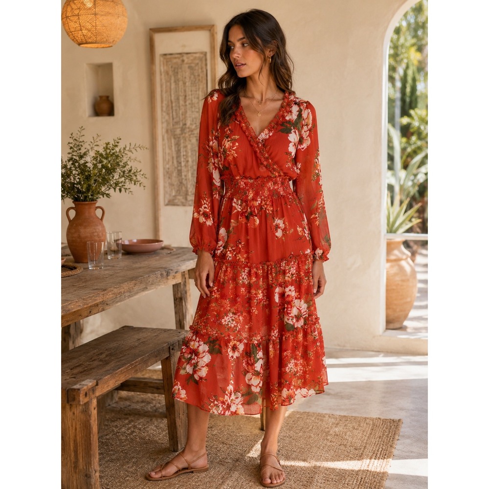Fig and Flower Rust Floral Smocked Waist Tiered Maxi Dress  Med